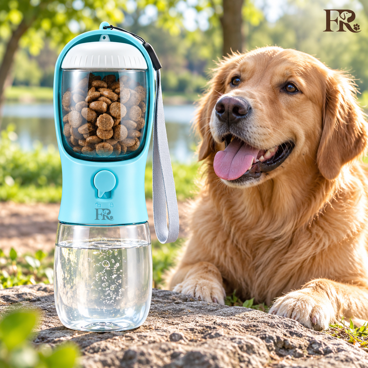 Furry Rascals Portable Dog Water Bottle with Food Container & Filter – Blue