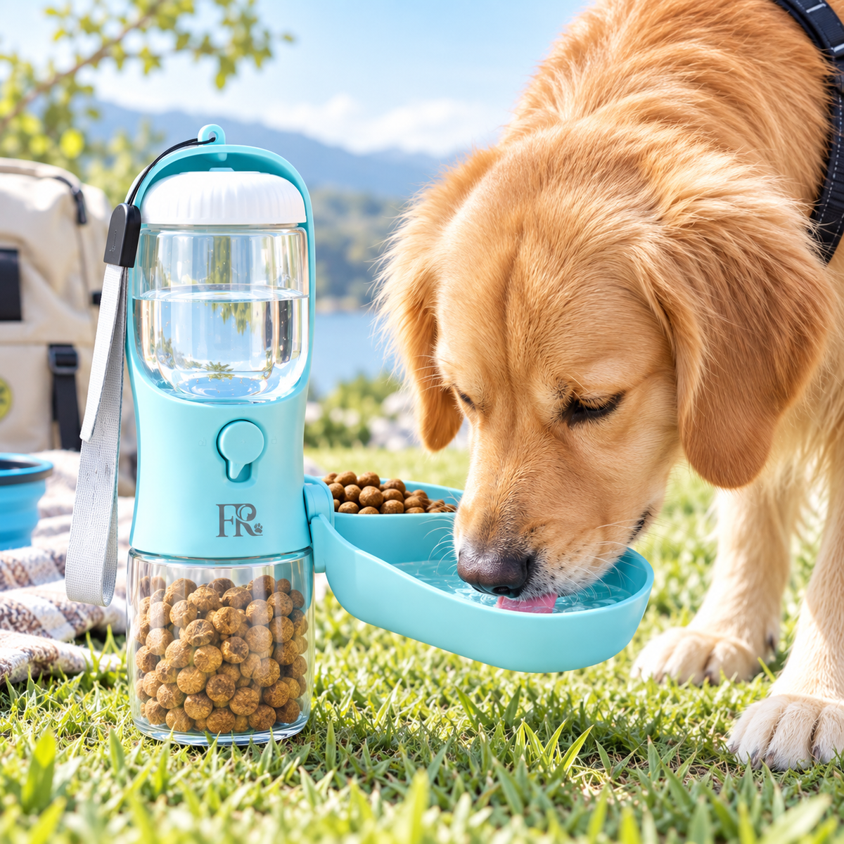Furry Rascals Portable Dog Water Bottle with Food Container & Filter – Blue