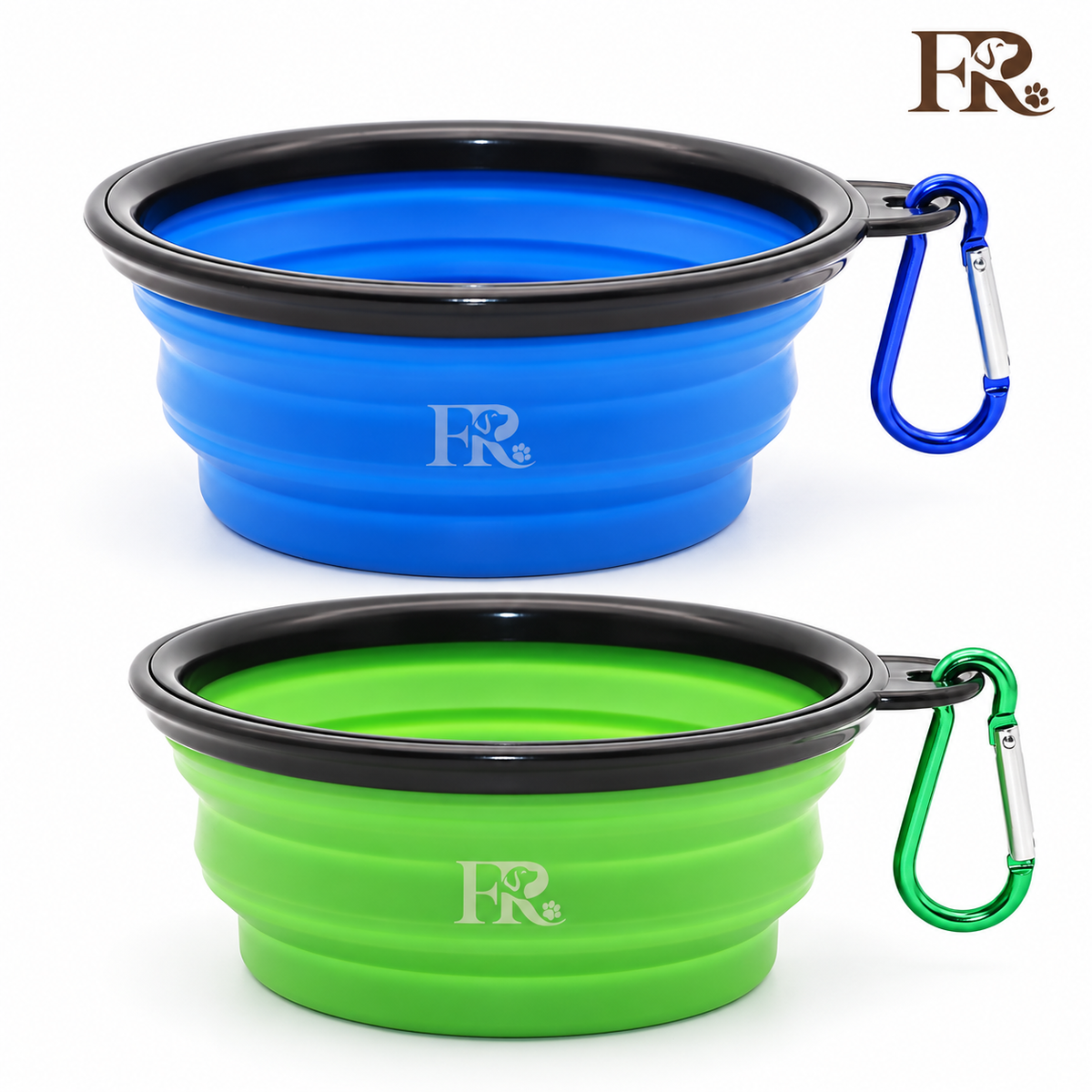 Furry Rascals Collapsible Pet Bowls – 2 Pack with Carabiners, Blue & Green