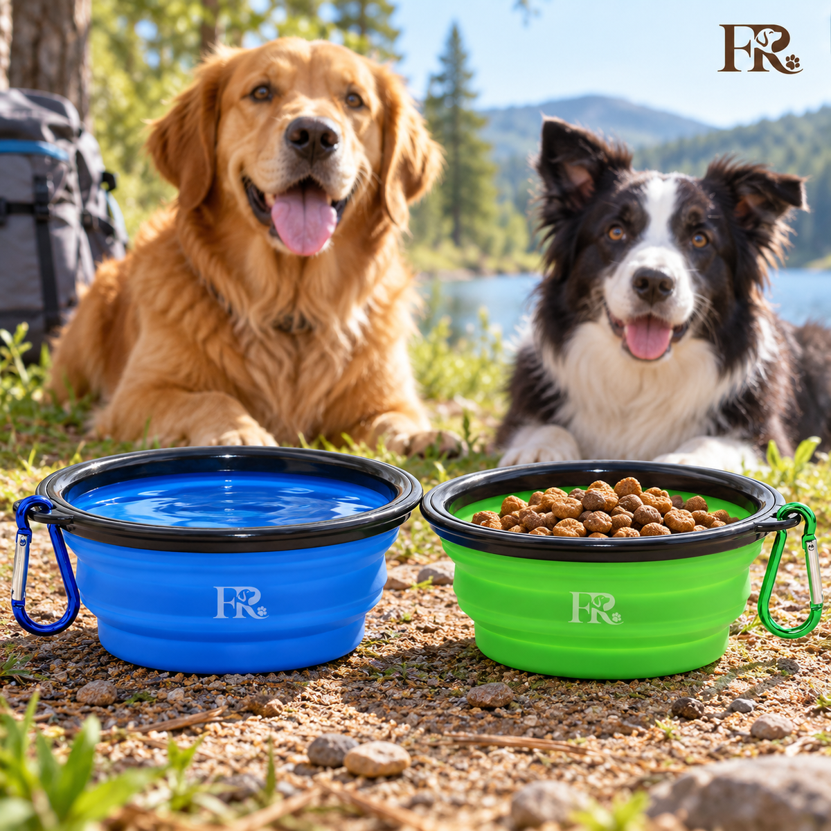Furry Rascals Collapsible Pet Bowls – 2 Pack with Carabiners, Blue & Green