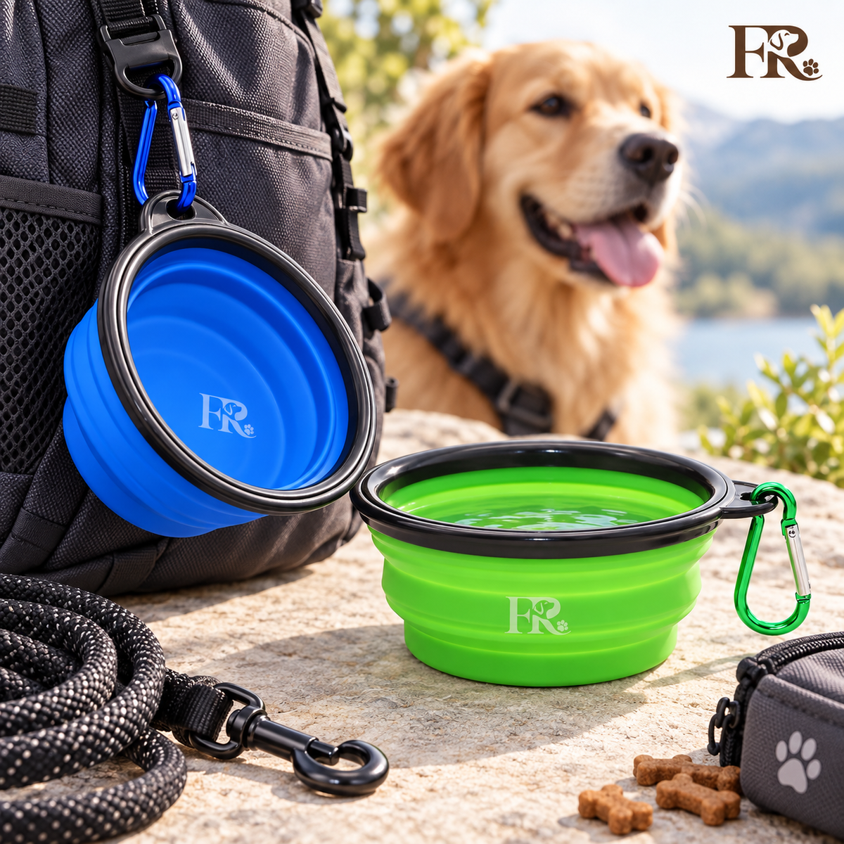 Furry Rascals Collapsible Pet Bowls – 2 Pack with Carabiners, Blue & Green