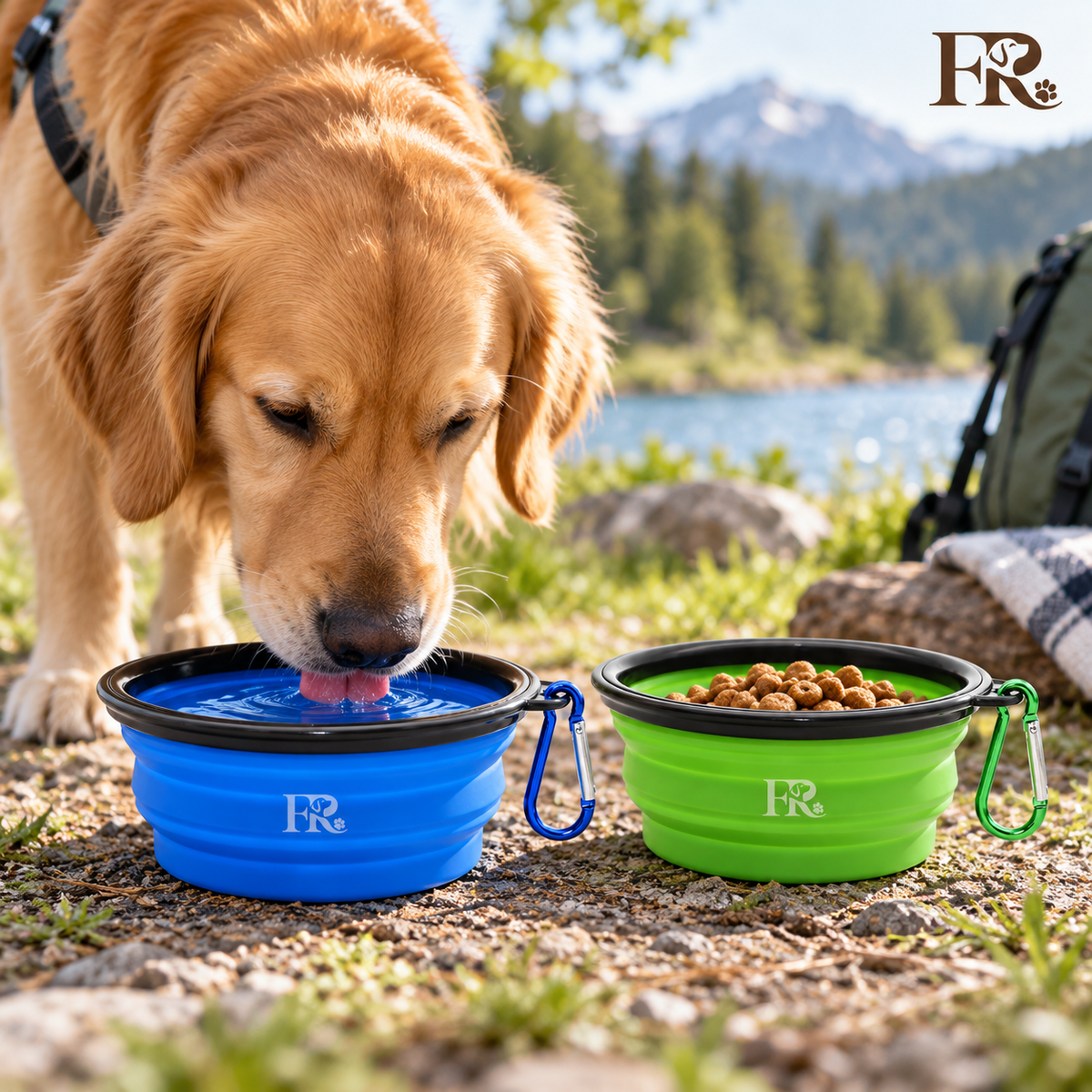 Furry Rascals Collapsible Pet Bowls – 2 Pack with Carabiners, Blue & Green